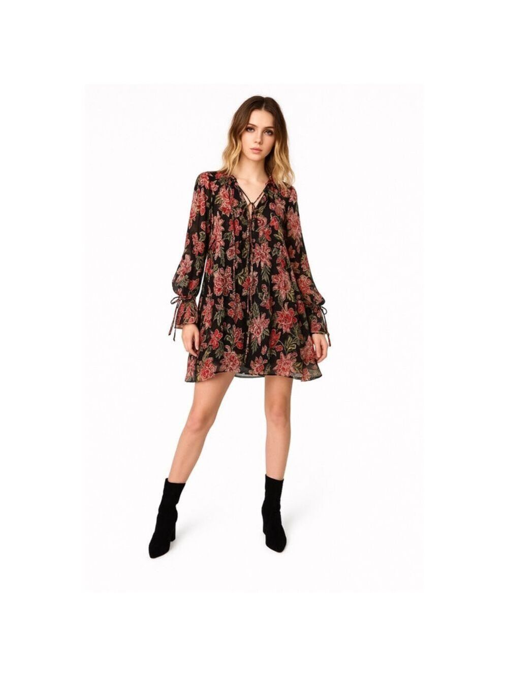 The Kooples Bollywood Silk Floral Mini Dress Black Multicolor Boho Party Sz 1, S